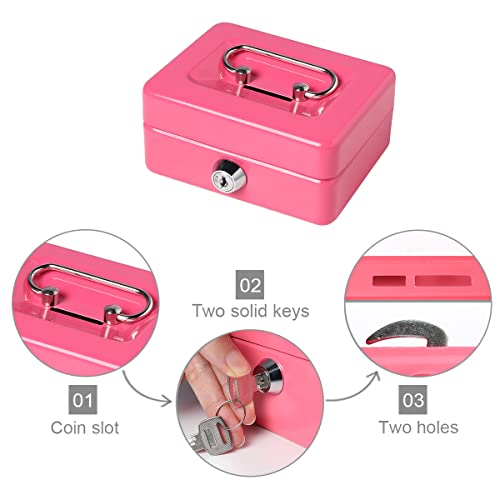 Decaller Mini Cash Box with Lock and Slot, Metal Coin Bank Piggy Bank for Adults & Kids, 4.9" x 3.7" x 2.3", Pink - color: Pink, size: X Small (4.9 Inch)