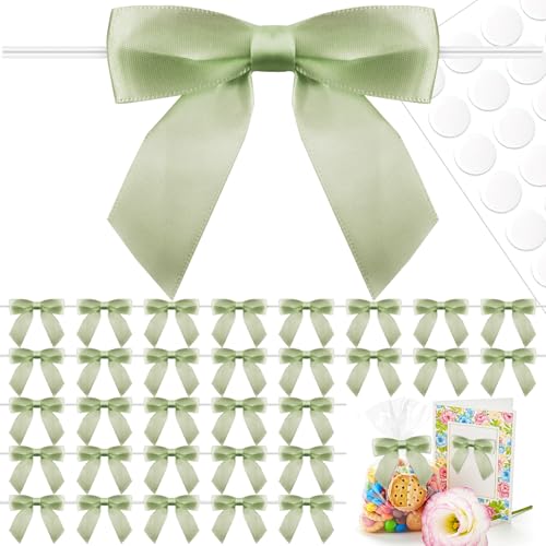 50 Pcs Sage Green Satin Ribbon Bows, 3.5" x 3.5", with Twist Ties - color: Sage Green