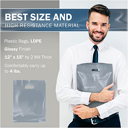 12x15 Silver Plastic Bags, Medium, Glossy Finish, 2 Mil Thick, 100 Pack