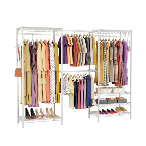 Heavy Duty Clothing Rack with Adjustable Shelves Clothes Wardrobe - color: White