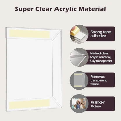 18x 24 inch Acrylic Picture Frame, Horizontal/Vertical Clear Photo Frame for Wall with Tape, No Drilling Floating Hanging Frameless Picture Frame, Wall Mount for Home, School, Office - size: 1 Pack 18 x 24 Inches