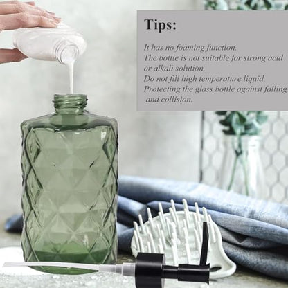 12Oz Small Glass Soap Dispenser with Black Plastic Pump, Green Refillable Kitchen Countertop Liquid Hand Soap Dispensers with Diamond Design, Crystal Bathroom Lotion Bottle for Dish Soap, 2 Set - color: 2 Pack Diamond Green