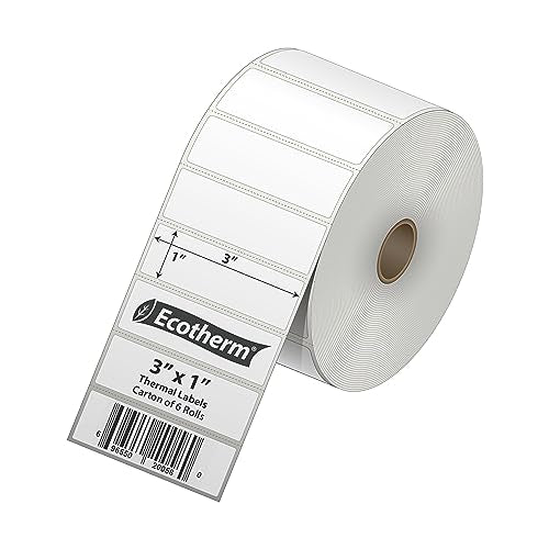 3" x 1" Thermal Labels | 6 Rolls | 15000 Labels | fits Zebra, Munbyn, Rollo, Godex, Arkscan, iDPRT, Offnova Thermal Label Printers and More | Blank White Adhesive Stickers by Ecotherm - size: 3 x 1 White - 15000 Labels