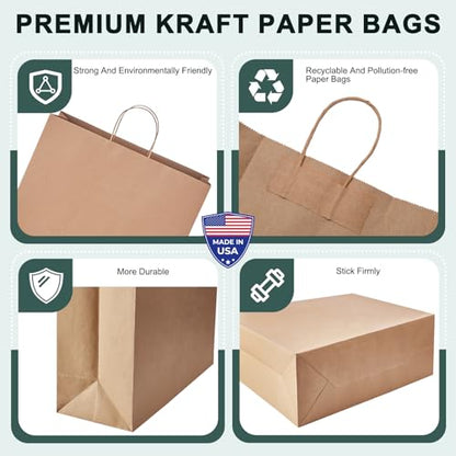 METRONIC Large Brown Paper Bags with Handles 16x6x12 Inch 100 Pack - color: Brown 16x6x12, size: 1 Count (Pack of 100)