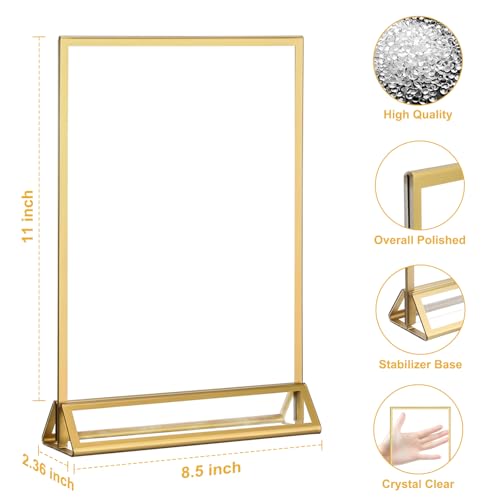 EHWINE 6 Pack 8.5×11 Clear Acrylic Sign Holder with Gold Borders and Vertical Stand, Double Sided Table Menu Holders Picture Frames for Wedding Table Numbers, Restaurant Signs, Photos and Art Display