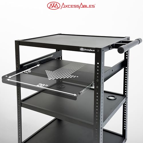 AxcessAbles Computer Cart on Wheels 400LB Capacity, Metal AV Equipment Utility Workstation, with Pullout Keyboard Tray, Locking Caster Wheels.