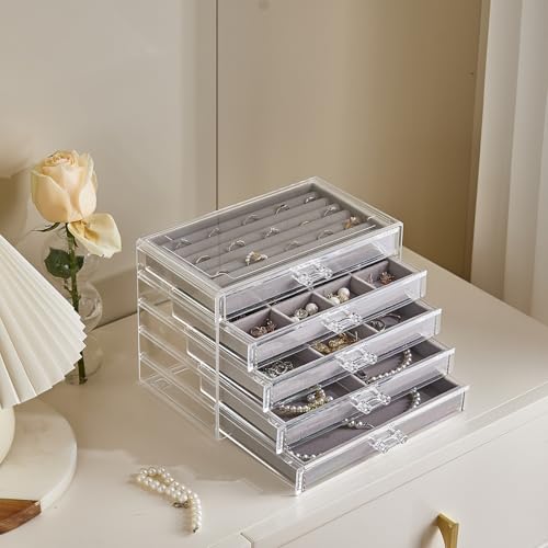 Acrylic Jewelry Box with 5 Drawers, Clear Earring Holder Organizer Rings Display Case with Adjustable Velvet Trays for Women Girls, Grey - color: Grey