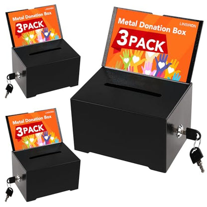 Suggestion Boxes with Slot and Lock, 3 Pack Metal Donation Boxes