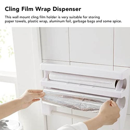 AUNMAS Plastic Wrap Dispenser Wall Mounted Paper Towel Holder with Side Button Inside Cutter No Drill Easy Installation Multifunctional Storage for Kitchen Cling Film Aluminum Foil Garbage Bags