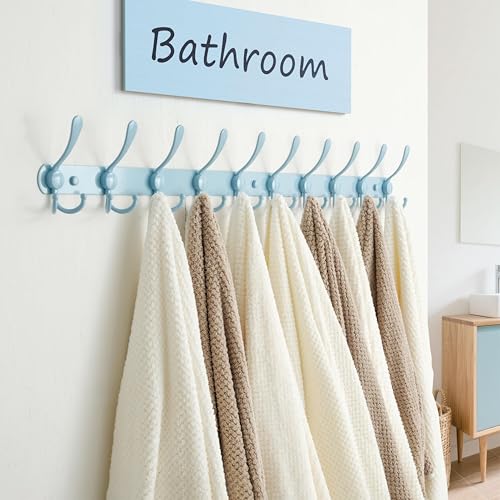 Dseap Coat Rack Wall Mount - 38” Long 10-Tri-Hooks Heavy Duty Coat Hanger Rail Wall Hooks for Hanging Coats Hats Clothing Clothes Purse Mudroom Entryway, Blue - color: Blue, size: L=38” (1 Pcs)