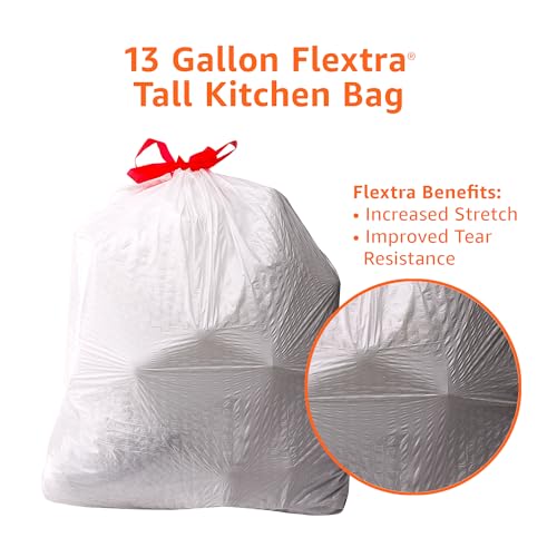 Amazon Basics 13 Gallon Tall Kitchen Drawstring Trash Bags, Flextra Strength, Clean Fresh Scent, Tear Resistant, 0.9 mil Thickness, 10% Post Consumer Recycled, 120 Count - size: 1 Count (Pack of 120)