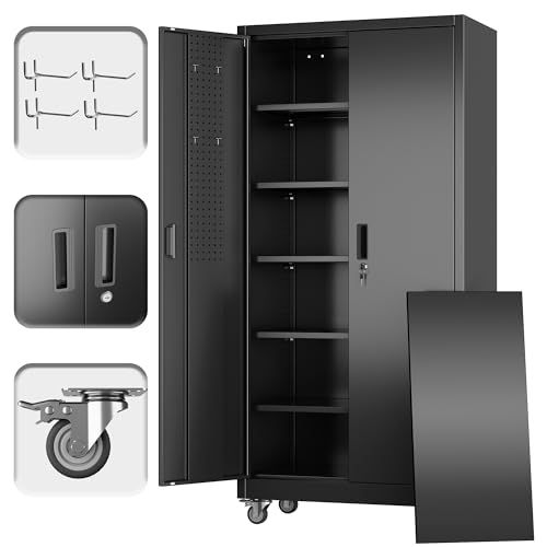 71 in. Garage Storage Cabinet with Wheels, 5 Shelves, Black - color: Black, size: 16"D x 32"W x 71"H