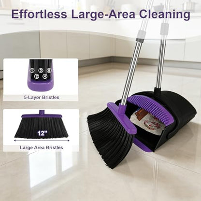 Broom and Dustpan Set, 51" Long Handle Broom with Built-in Comb - Purple - color: Purple, size: Standard