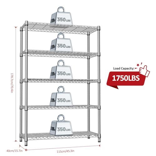 IZEUK 1750LBS Garage Shelving Wide Storage Shelves 5 Tier Metal Shelves Heavy Duty Adjustable Utility Shelf Rack (Chrome, 5 Tier, 15.7" D x 45.3" W x 70.9" H) - color: Chrome, size: 5 Tier, 15.7" D x 45.3" W x 70.9" H