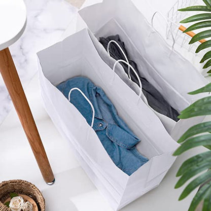 Eupako 16x6x12 White Paper Bags 50 Pack, Kraft Gift Bags with Handles - color: White