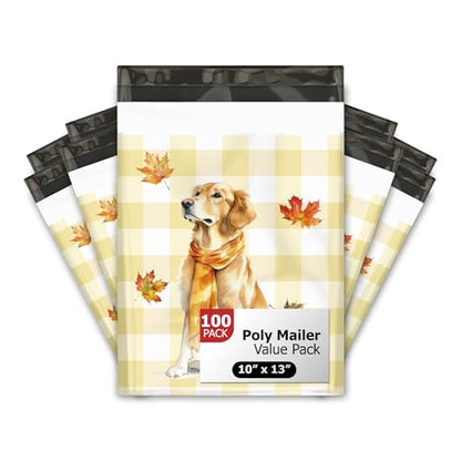 10x13 (100) Fall Poly Mailer - Dog Polymailers - Golden Retriever Designer Poly Mailers Waterproof Self Sealing Tear Resistant Polymailers Shipping Envelopes Premium Printed Bags For Small Businesses - color: Golden Retriever, size: 10x13