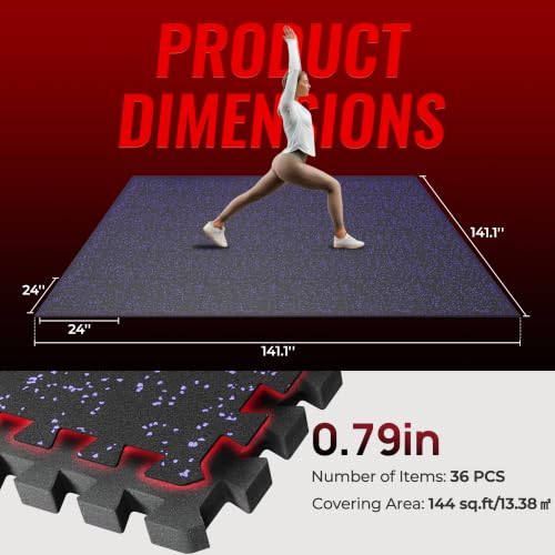 SUPERJARE 0.79'' Extra-Thick 36 Pcs 144 Sq Ft Exercise Equipment Mats - color: Black/Purple, size: 36 Tiles (144 Sq Ft)