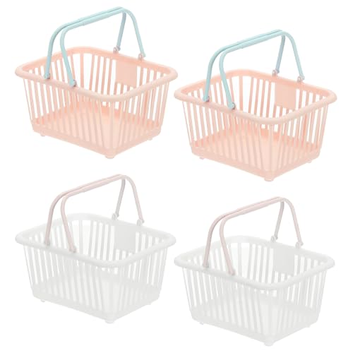 PATIKIL 4PCS Mini Shopping Basket, Small Plastic Basket Mini Storage Basket Grocery Tiny with Handles Organizer Filtered Water for Organizing Toys Eggs Fruits Snacks, White/Pink - color: Pink,White