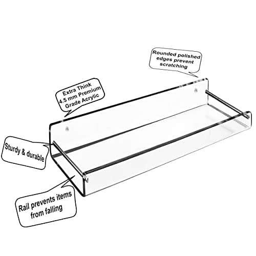 AMT 2 Pack Acrylic Floating Shelves, 15" L x 4.8" W, Clear Bathroom Wall Shelf, Bookshelves, Invisible Display for Office, Bedroom, Small Gap Allows Water to Escape, Free Screws & Drill Bit (Medium) - size: X-Large - New Model