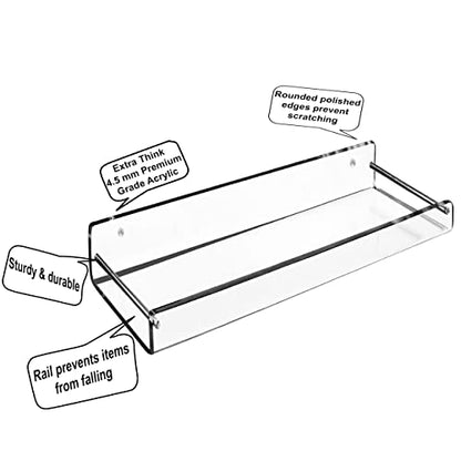 AMT 2 Pack Acrylic Floating Shelves, 15" L x 4.8" W, Clear Bathroom Wall Shelf, Bookshelves, Invisible Display for Office, Bedroom, Small Gap Allows Water to Escape, Free Screws & Drill Bit (Medium) - size: X-Large - New Model