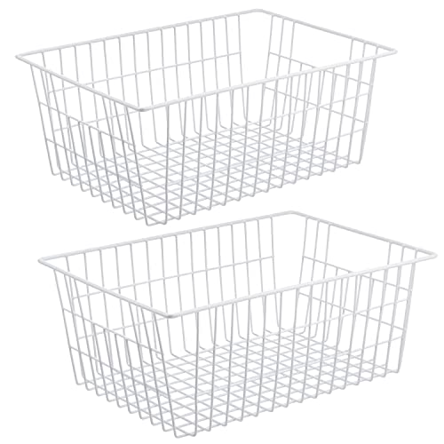 iPEGTOP Wire Storage Freezer Baskets, Set of 2 13.4" Household Organizer Storage Bins Fridge Basket Rack with Handles for Kitchen Cabinets, Pantry, Office, Bathroom Organization - White - size: 13.4"-2 pack