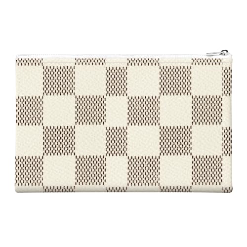 Money Bag with Zipper, Cute PU Leather Cash Bags, Portable Bank Bag Money Pouch for Cash, Coins, Checks, Receipts, Invoices Cosmetics Tools, Deposit Bag for Office Travel, Brown Checker - color: Brown Checker