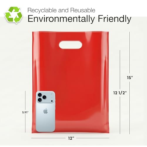 Choice Marts 100 Red Plastic Bags With Handles 12x15 Merchandise Bags - color: Red