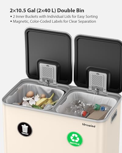 Lovewind Trash Can, 2 x 10.5 Gallon (2 x 40 L) Garbage Can for Kitchen Dual Compartment Recycling Kitchen Step Trash Bin, Stainless Steel Trash and Recycle Bin Combo with Soft-Close Lid, Apricot - color: Apricot