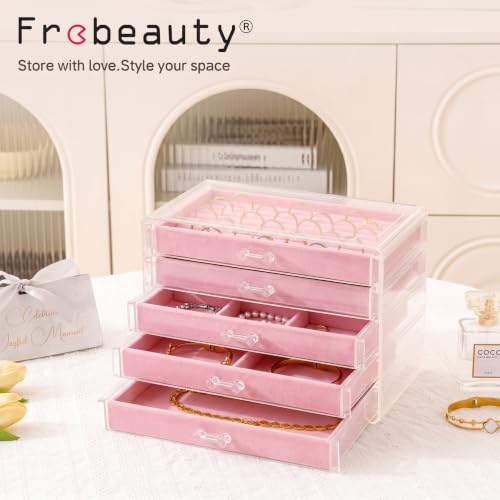 Frebeauty Acrylic Jewelry Box,5-Layer Jewelry Organizer with Drawers - color: Pink