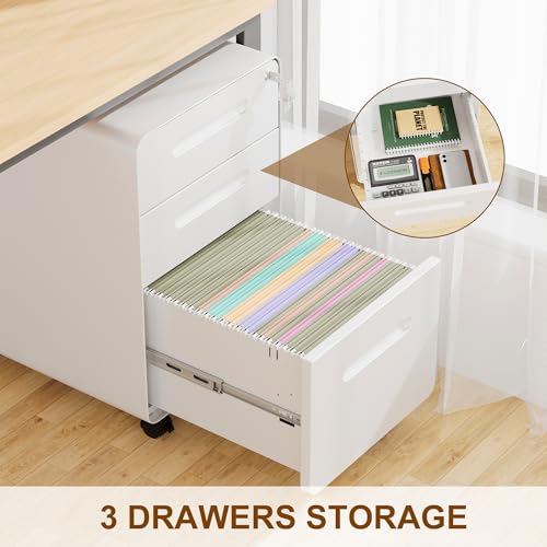 3 Drawer Mobile File Cabinet with Lock, 4 Keys and 25 Letter File Folders - color: White, size: 23.8"H*15.7"W-3 Drawers(25 letter folders)