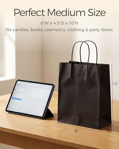 SUNCOLOR 25-Pack Black Gift Bags with Handles, 8x4.5x10 Inch Medium Kraft Paper Bags for Party Favors, Retail, Halloween, Weddings - color: Black