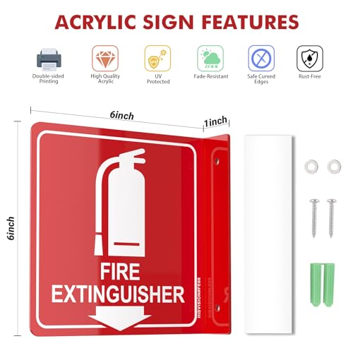 Fire Extinguisher Sign with Down Arrow, 2 Pack - 6"x6 " Acrylic, Includes Matching Screws, Use for Home Office/Business, UV Protected, Fade/Weather Resistant, Indoor/Outdoor Use, Easy to Install