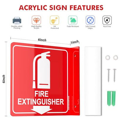 Fire Extinguisher Sign with Down Arrow, 2 Pack - 6"x6 " Acrylic, Includes Matching Screws, Use for Home Office/Business, UV Protected, Fade/Weather Resistant, Indoor/Outdoor Use, Easy to Install