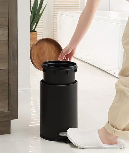 SunnyPoint Elite Bamboo Lid 4.5 Liter / 1.2 Gallon Round Trash Can with Plastic Inner Bucket; Bathroom, Office, Kitchen and Bedroom Step On and Slow Close (Black) - color: BLACK