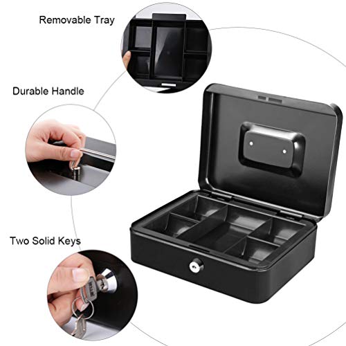Cash Box with Money Tray, Parrency Large Money Box with Key Lock, 9.8 x 7.9 x 3.5 inches, Black - color: Black, size: Large（9.84")