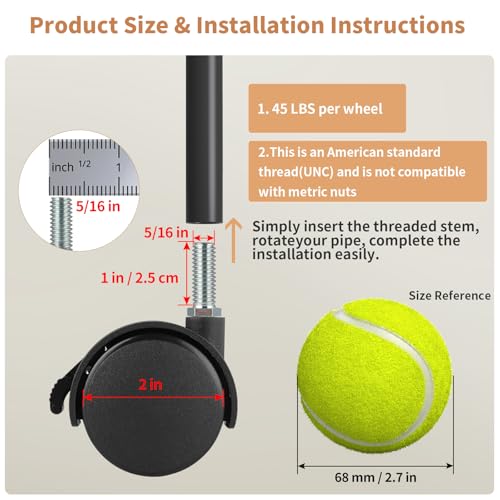 2" Nylon Plastic Stem Casters with Brake, 5/16"-18 Threaded Stem Furniture Wheel, Replacement Swivel Castors for Cart, Small Table, Metal Shelf, Bird Cage, 4 Pcs