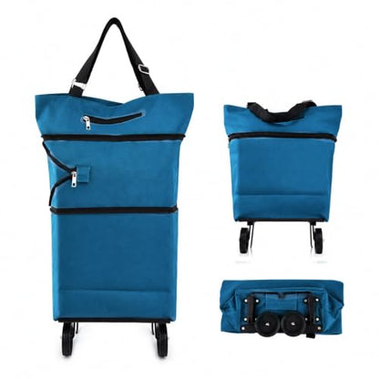 Collapsible Shopping Cart with 360° Swivel Wheels, Reusable Foldable Tote Grocery Cart for Travel Camping and Home - color: Lake Blue