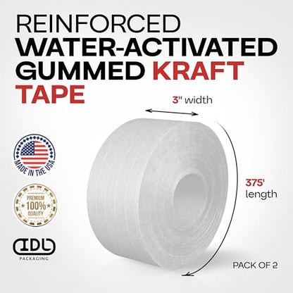 IDL Packaging 3" x 375' Water-Activated Kraft Gummed Tape, 70lb (2-Pack) - color: White, 70 lbs