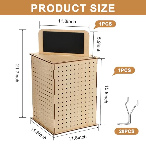 Barydat Rotating Pegboard Display Stand with Hooks, 4 Sided Revolving Jewelry Organizer Stand 11.8 x 15.8 In with Blackboard for Retail Display Trade Show Craft Shows Keychain Vendor Events(Natural)