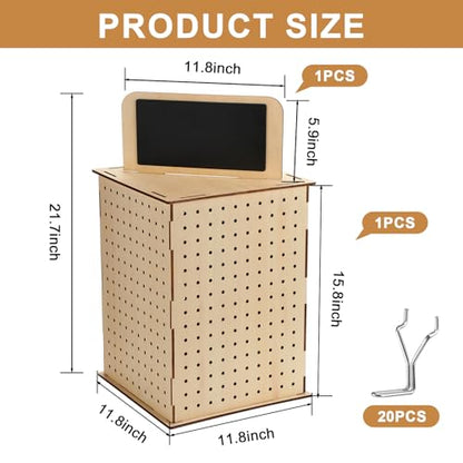 Barydat Rotating Pegboard Display Stand with Hooks, 4 Sided Revolving Jewelry Organizer Stand 11.8 x 15.8 In with Blackboard for Retail Display Trade Show Craft Shows Keychain Vendor Events(Natural)