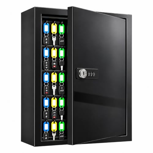 Key Cabinet Lock Box with 131-Keys: Steel Wall Mount Key Box Organizer - Large Storage and Secure Combination Lock Boxes for Home Office Business - Black - color: Matte Black