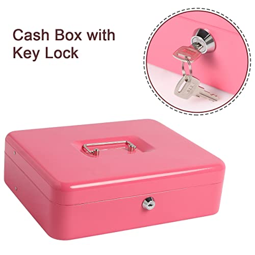 Cash Box with Key Lock & Foam Auto-Pop Coin Tray – Secure Steel Money Box with 4 Upgraded Finger-Safe Bill Clips, Premium Smooth Scratch-Resistant Coating, 11.8"L x 9.5"W x 3.5"H, KL Hot Pink - color: KL Hot Pink