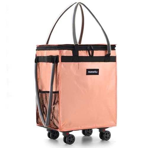 Fanwoli Reusable Grocery Bag on Wheels, 66L Upgraded Fabric - color: Pink - B, size: Medium