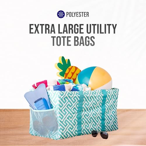 Extra Large Utility Tote Bag - Oversized Collapsible Beach Bag - Geo Teal - color: Geo Teal
