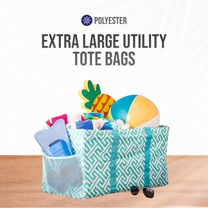 Extra Large Utility Tote Bag - Oversized Collapsible Beach Bag - Geo Teal - color: Geo Teal