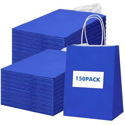 OUTUXED 150pcs Blue Paper Bags with Handles, 8x4x10 Gift Bags with Handles - color: Blue 8x4x10in, size: 1 Count (Pack of 150)