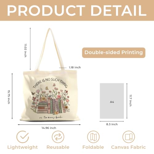 Cute Canvas Tote Bag for Women, Book Totebag with Zipper Pocket - color: Books and Flowers