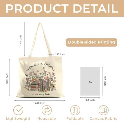 Cute Canvas Tote Bag for Women, Book Totebag with Zipper Pocket - color: Books and Flowers