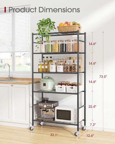 Sakugi 5-Tier Storage Shelves 33.1" x12.6" x73.5" Black with Wheels - color: Black, size: 33.1W x 12.6D x 73.5H(5T)
