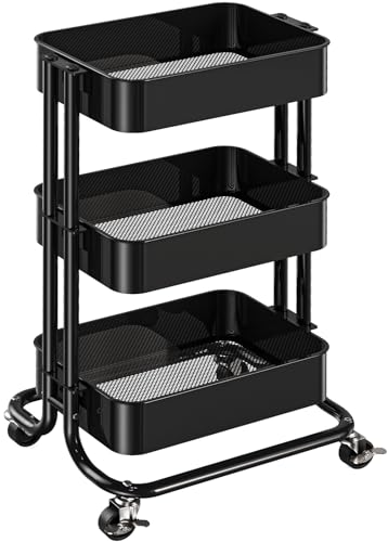 Pipishell 3 Tier Metal Rolling Utility Cart with 2 Lockable Wheels, Black - color: Black, size: 3 Tier